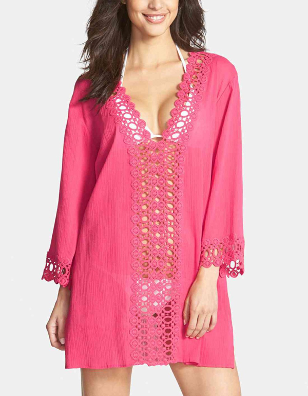 F4385-3Rosy Long Sleeves Deep V-neck Crochet Trim Casual Cover-up